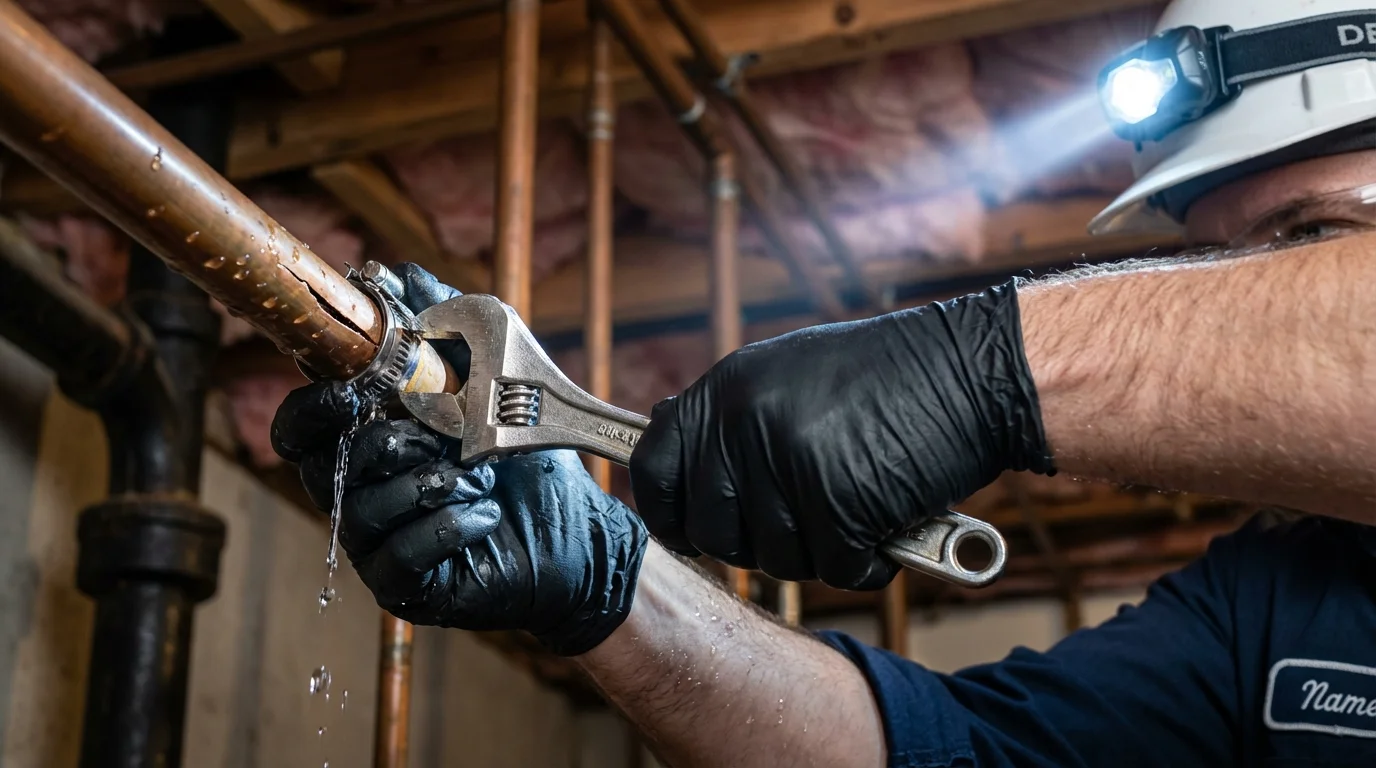 Emergency pipe clamp repair being performed by a Johns Plumbing LLC plumber in Ironton