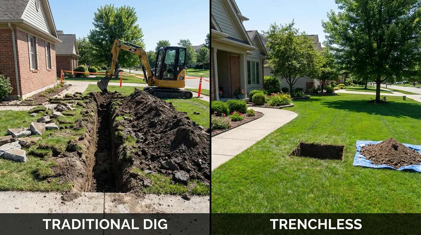 Trenchless sewer repair with minimal yard damage versus traditional excavation in Ironton, MO