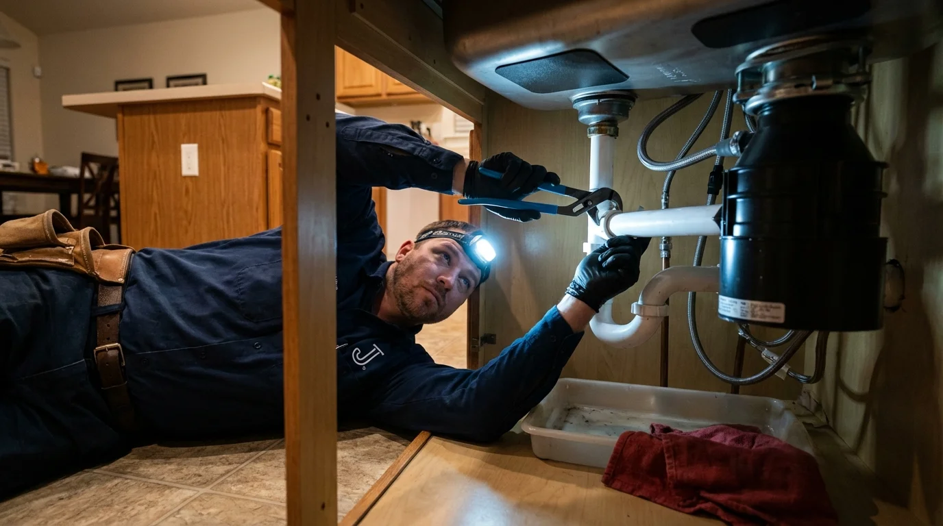 P-trap and supply line connections under a kitchen sink showing a common leak point in Ironton, MO